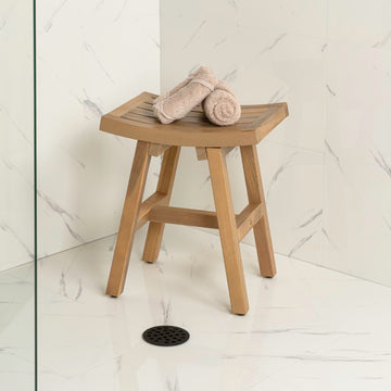 Tamlyn 15.75" Traditional Classic Slatted Solid Acacia Wood Indoor/Outdoor Shower Stool